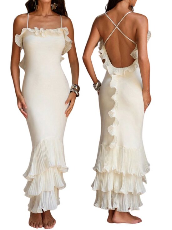 Dresses & Skirts - Cream Ruffle Trim Backless Mermaid Maxi Dress Boho Beach Vacation Party Sz M